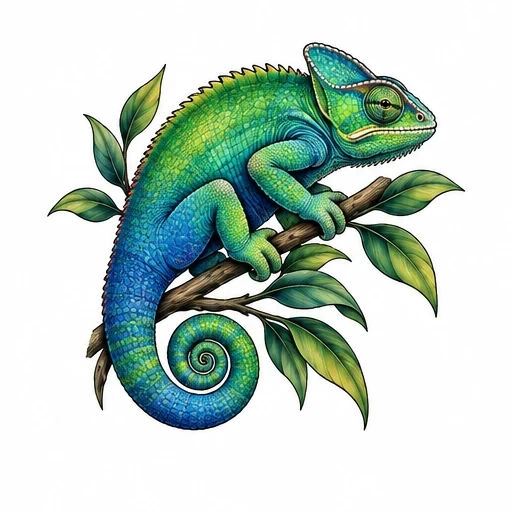 Blue and green chameleon with textured scales curling tail on leafy branch illustration