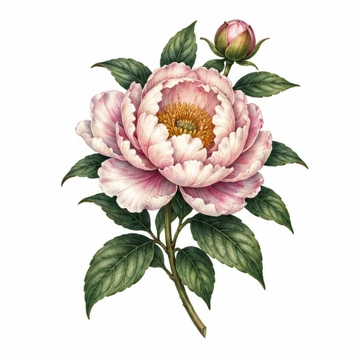 Pink peony flower tattoo design with bud and green leaves