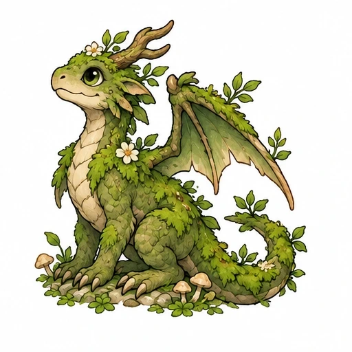 Small moss-covered dragon with leafy wings, flowers, and mushrooms