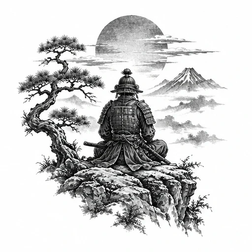 Blackwork tattoo of a ronin in armor seated on a rocky cliff with a pine tree, misty mountains, and a large moon in the background