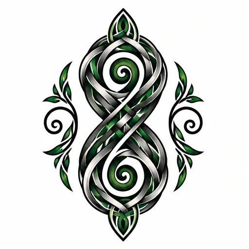 Celtic knot inspired tattoo design in black, silver, and green with leaf accents