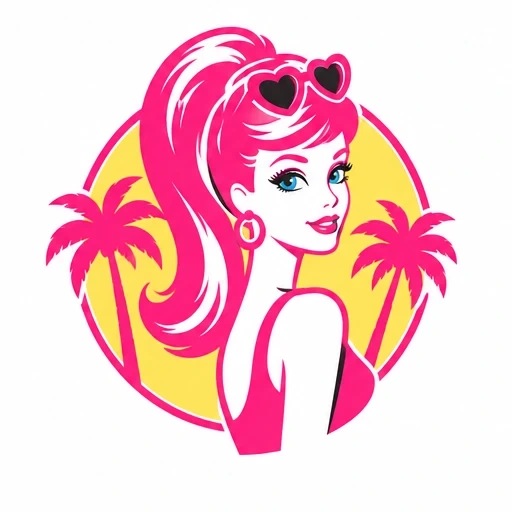 Retro Barbie with pink ponytail and heart-shaped sunglasses against yellow circle and pink palm trees
