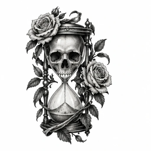 Black and grey hourglass with skull in top chamber and roses entwined around frame