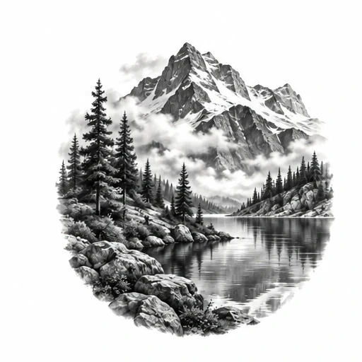 Black and grey tattoo design of a mountain landscape with pine trees, rocky shore, and reflected peak on a lake.
