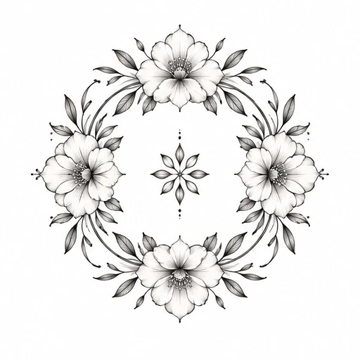 Black and grey fine line tattoo design of four flowers arranged in a circular wreath with leaves and a small central flower motif