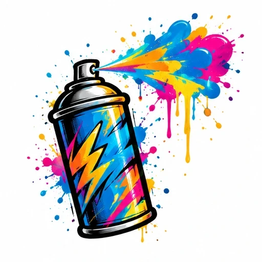 Graffiti spray paint can emitting colorful blue, pink, and yellow paint splashes with lightning bolt design