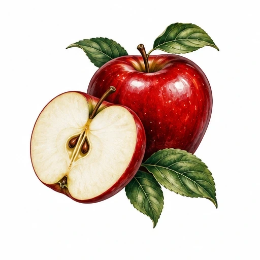 Realistic red apple with half sliced view and green leaves tattoo design