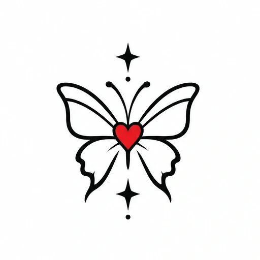 Minimalist butterfly tattoo line art with red heart at center and small stars above and below