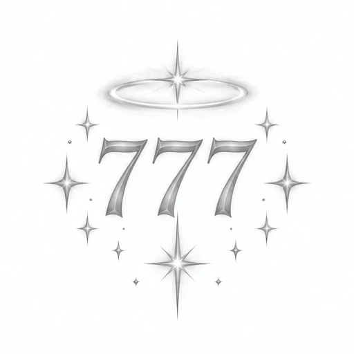 Angel number 777 with glowing halo and surrounding stars tattoo design.
