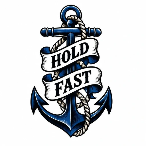 Blue anchor wrapped with rope and banner saying 'Hold Fast' tattoo design