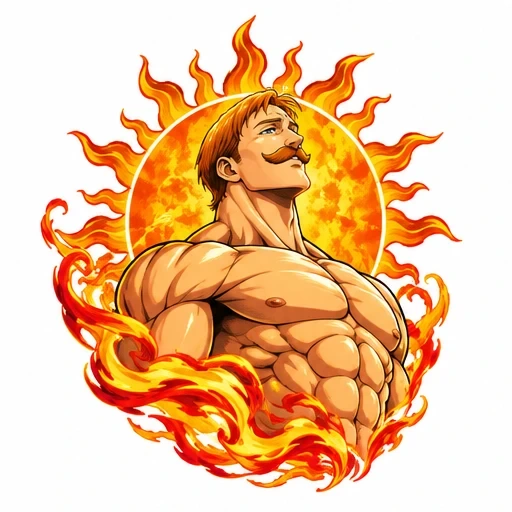 Muscular man with a mustache against a bright sun and fiery flames around him