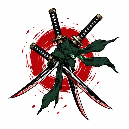 Three crossed katanas with black handles and red blood stains, wrapped in a flowing green ribbon in front of a red circular brushstroke background.