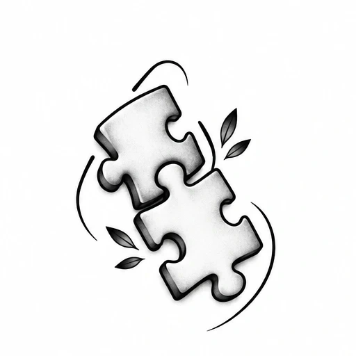 Two shaded black and gray puzzle pieces interlocking with small black leaves and curved lines around them