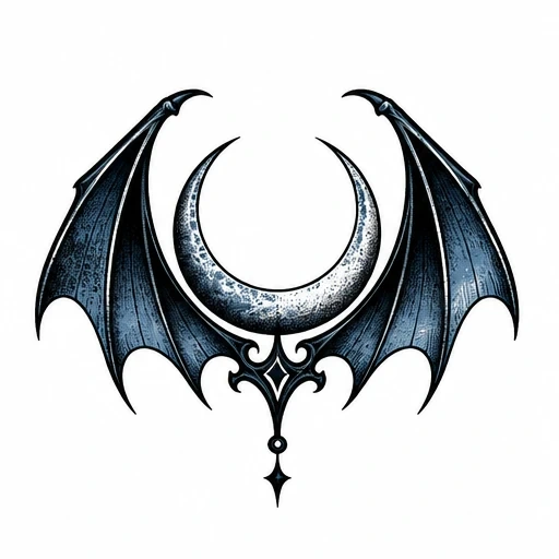 Tattoo design of a crescent moon with stylized bat wings extending from either side and gothic decorative flourishes below