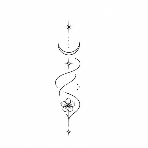 Minimalist tattoo with crescent moon, stars, swirling line, and small flower in black ink