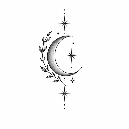 Minimalist tattoo of a shaded crescent moon with leaves and stars in black ink
