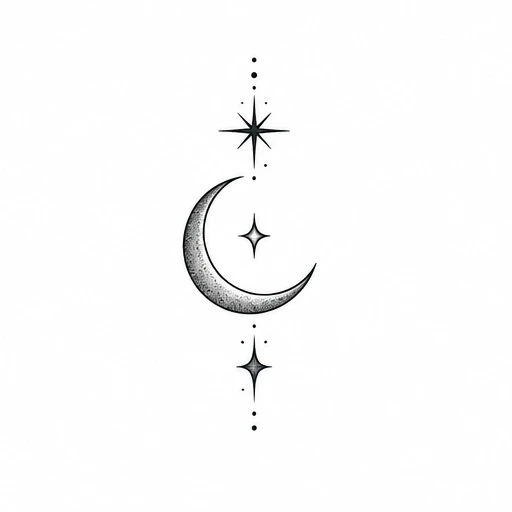 Minimalist black crescent moon with three decorative stars and dot accents arranged vertically