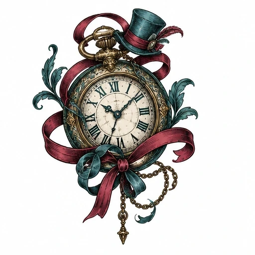 Illustration of vintage pocket watch with teal and red ribbons, small teal top hat with feather, gold chain and green leaves