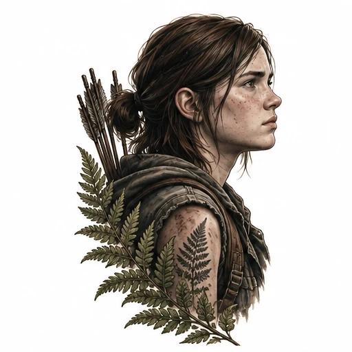 Realistic tattoo art of Ellie from The Last of Us in profile with fern tattoo and quiver of arrows