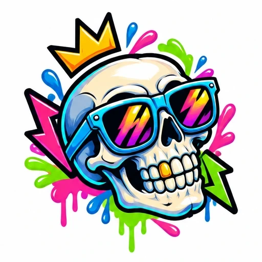 Cartoon skull wearing blue sunglasses with lightning reflections and a golden crown, surrounded by colorful paint splashes and lightning bolts.