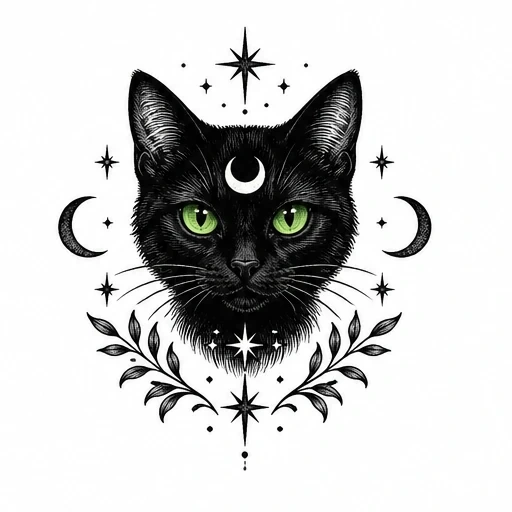 Black cat head with green eyes, crescent moon on forehead, surrounded by moon phases, stars, and leaves.