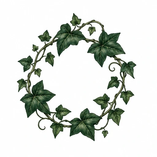 Circular wreath of lush green ivy leaves with twisting vines on white background