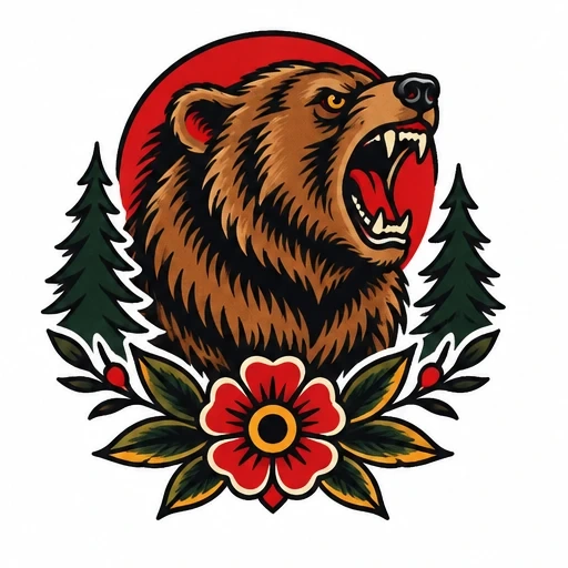 Traditional tattoo style roaring bear head with pine trees, red sun, and red flower with green leaves