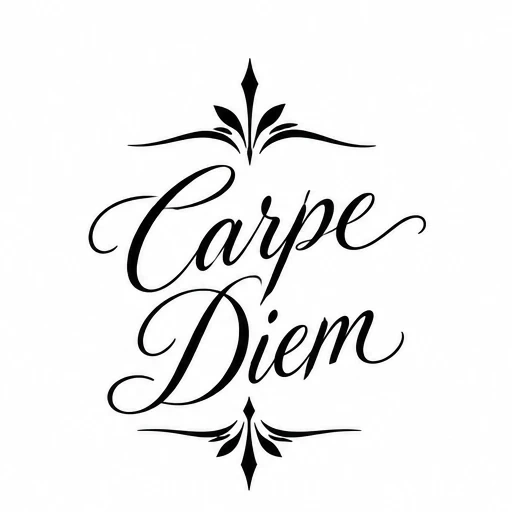 Black cursive script tattoo reading 'Carpe Diem' with ornamental flourishes above and below the words