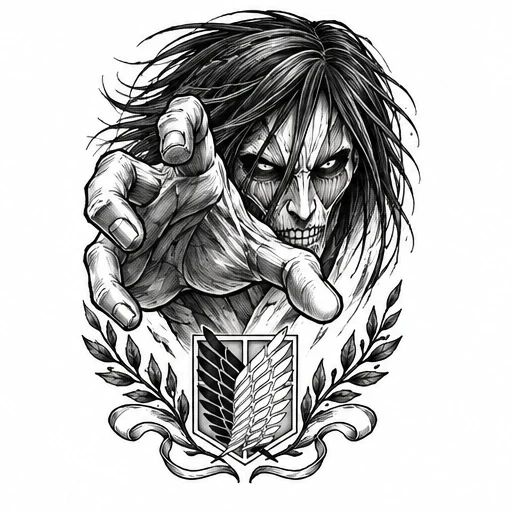 Black and white tattoo design of a reaching Titan from Attack on Titan with Survey Corps emblem below