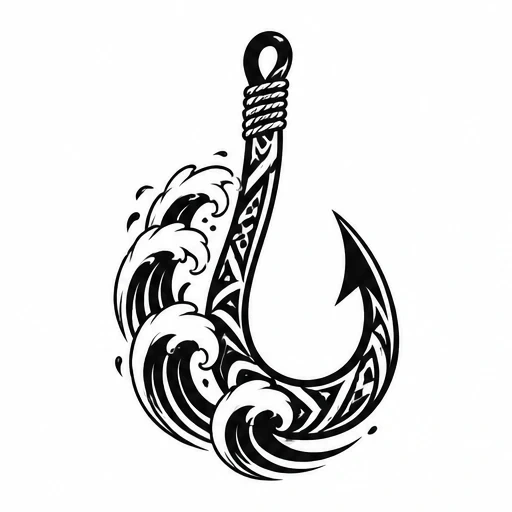 Black tribal fish hook tattoo with surrounding stylized ocean waves
