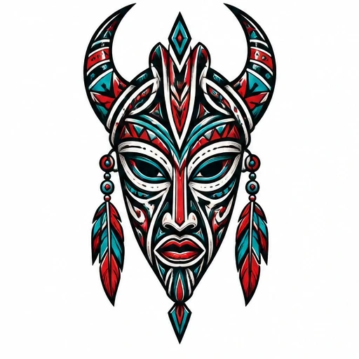 Colorful tribal horned mask tattoo design with feathers and geometric patterns