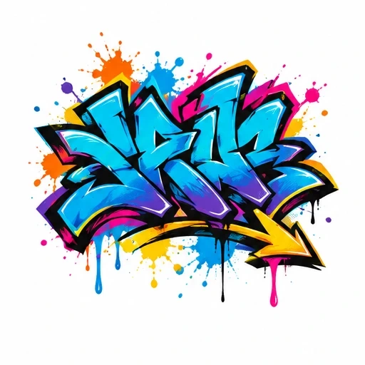 Bright blue and purple graffiti letters with orange, pink, blue, and yellow paint splatters and a yellow arrow dripping paint