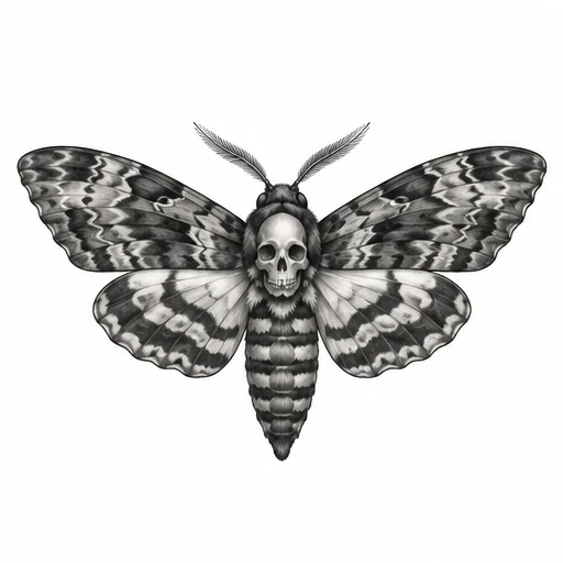 Black and gray detailed Death Head Moth illustration with wings spread and a skull integrated into the body.