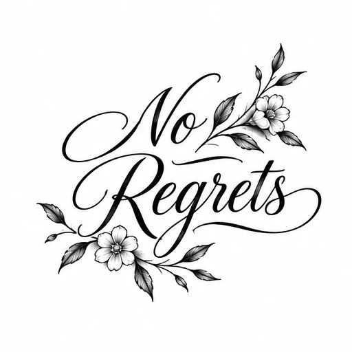 No Regrets tattoo in elegant script with black and gray flowers and leaves