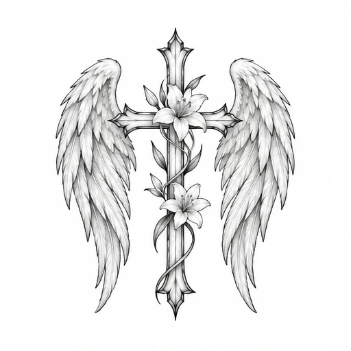 Black and white tattoo design of a gothic cross entwined with lilies and flanked by angel wings