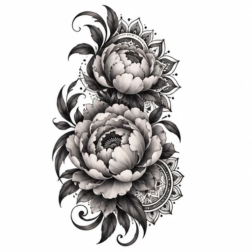 Black and gray peony flower tattoo design with mandala patterns and swirling leaves.