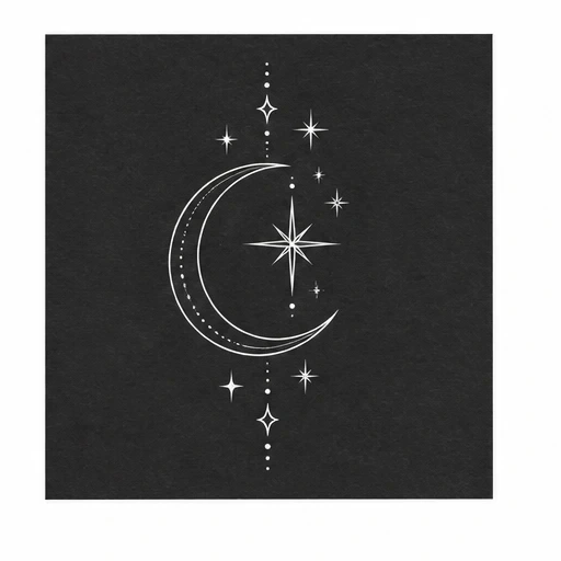 White crescent moon with multiple white stars in a vertical arrangement on black background