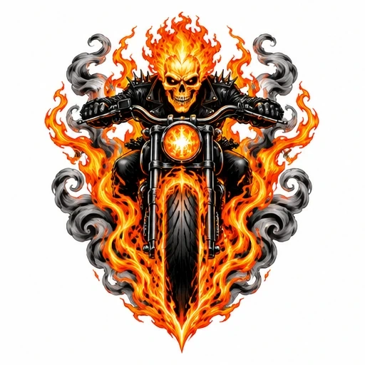 Skeleton rider with flaming skull on motorcycle engulfed in flames and smoke
