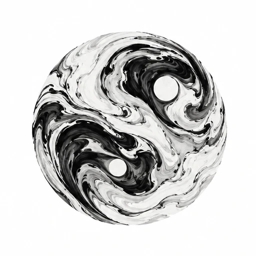 Black and white yin yang symbol with swirling suminagashi ink patterns
