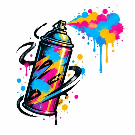 Illustration of a spray paint can spraying blue, pink, and yellow paint splatters on white background