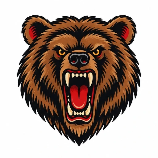 Traditional tattoo-style roaring brown bear head with open mouth and bared teeth