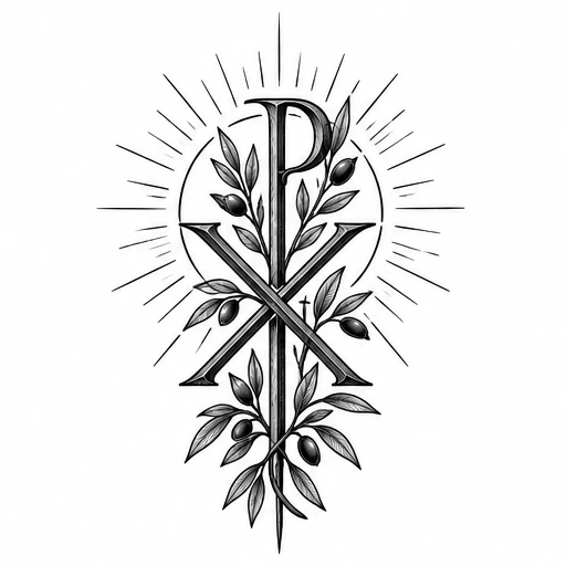 Chi Rho symbol formed by letters P and X with olive branches and radiant halo lines