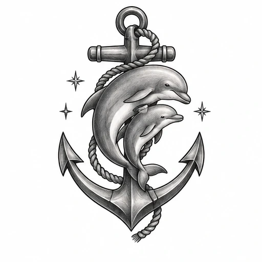 Anchor tattoo with a mother dolphin and calf swimming in front, surrounded by stars, in black and grey shading.
