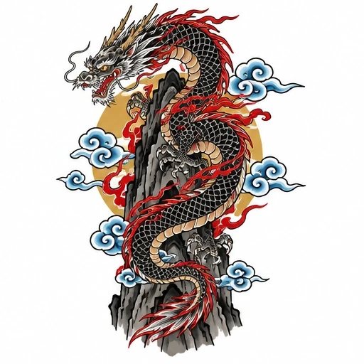 Traditional Japanese black dragon with red flames coiling around a mountain with clouds and golden sun