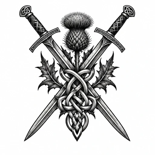 Tattoo design of two crossed swords behind a thistle flower with leaves and intricate Celtic knot in black and grey.