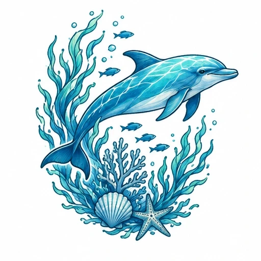 Blue dolphin swimming with seaweed, coral, starfish, seashell, and small fish in ocean environment