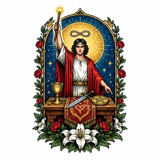 The Magician tarot card with a robed figure holding a wand, surrounded by mystical symbols and floral decorations