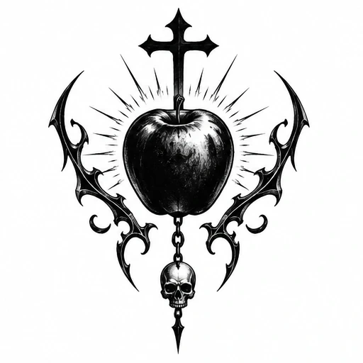 Black apple pierced by spike with cross and skull below, symmetrical tribal spikes on sides and radiant lines behind