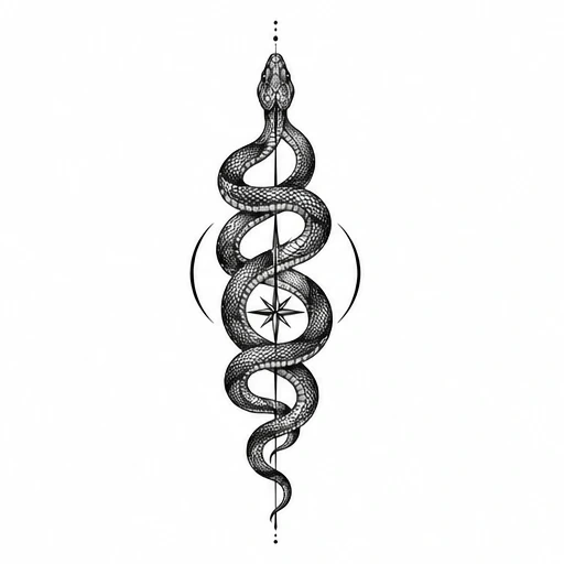 Black intricate snake coiled around an eight-point compass with crescent shapes and dots in a vertical alignment
