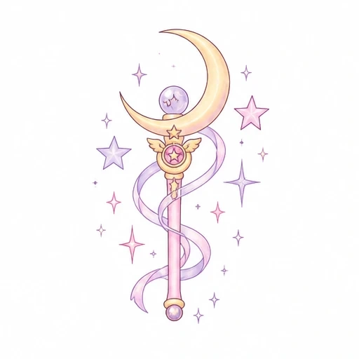 Illustration of a crescent moon wand with a purple ribbon, pastel stars, and golden winged star elements.
